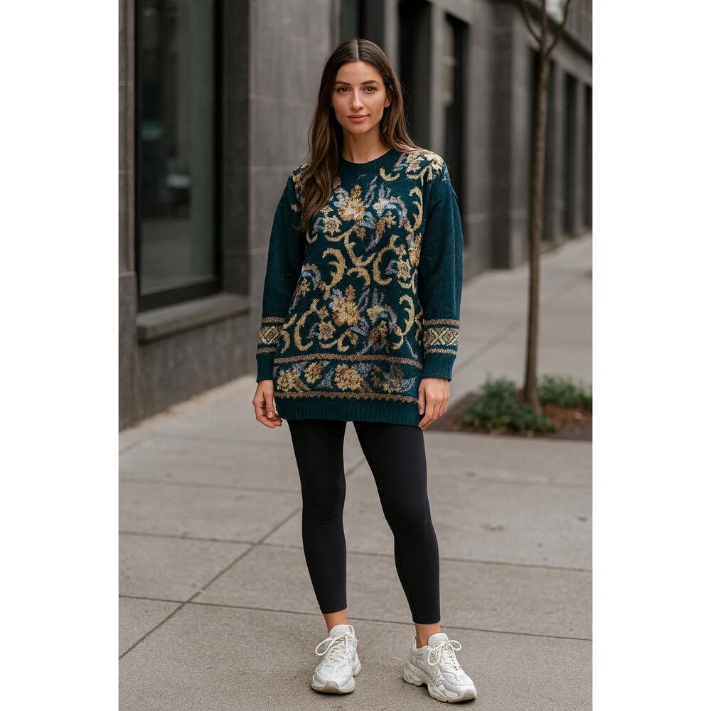 Vintage 90's paisley chunky knit tunic sweater Teal Floral Tapestry Oversized XL